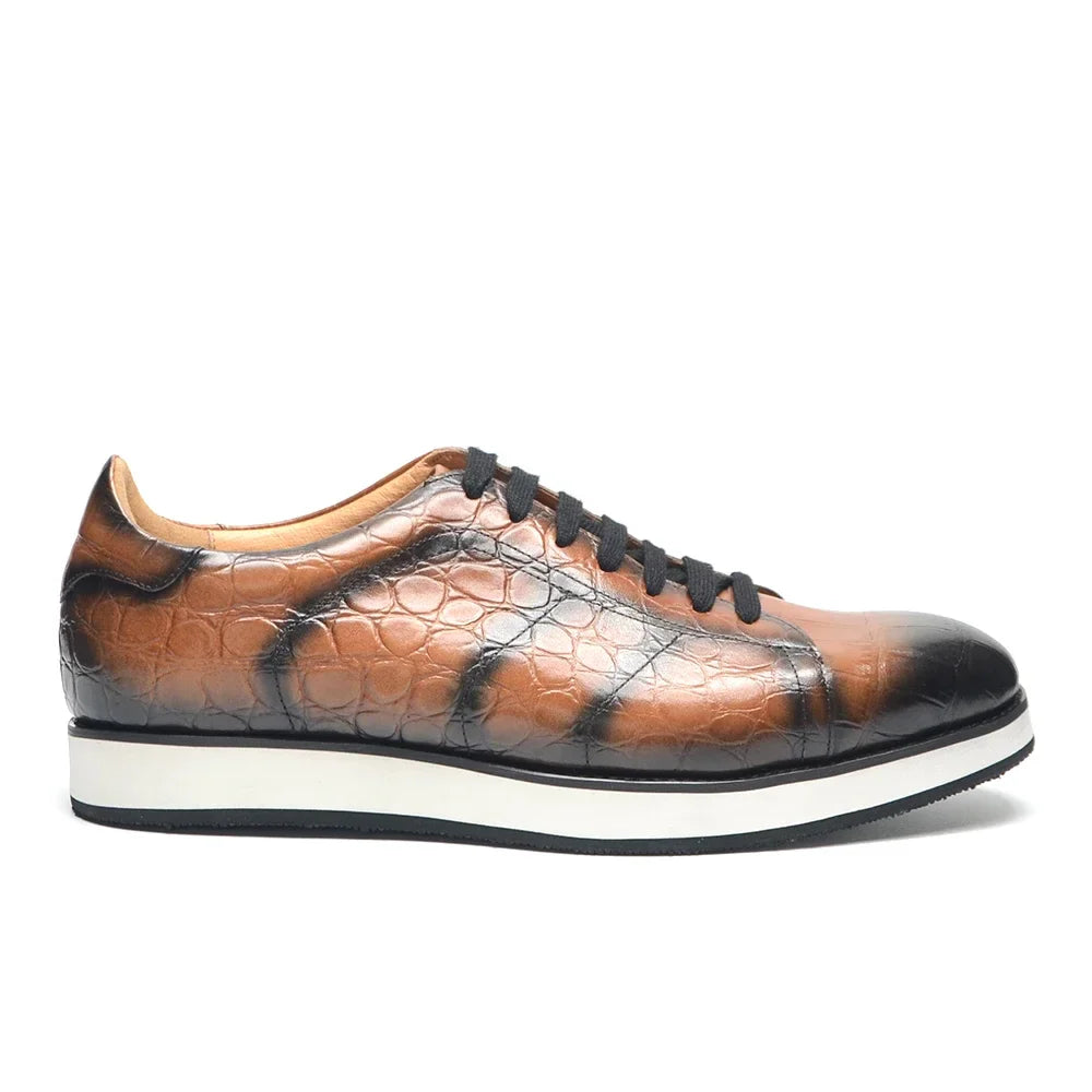Men's Fashion Casual Sneakers | Genuine Cowhide Leather Crocodile Pattern Skateboard Shoes (Lace-up, Non-slip)