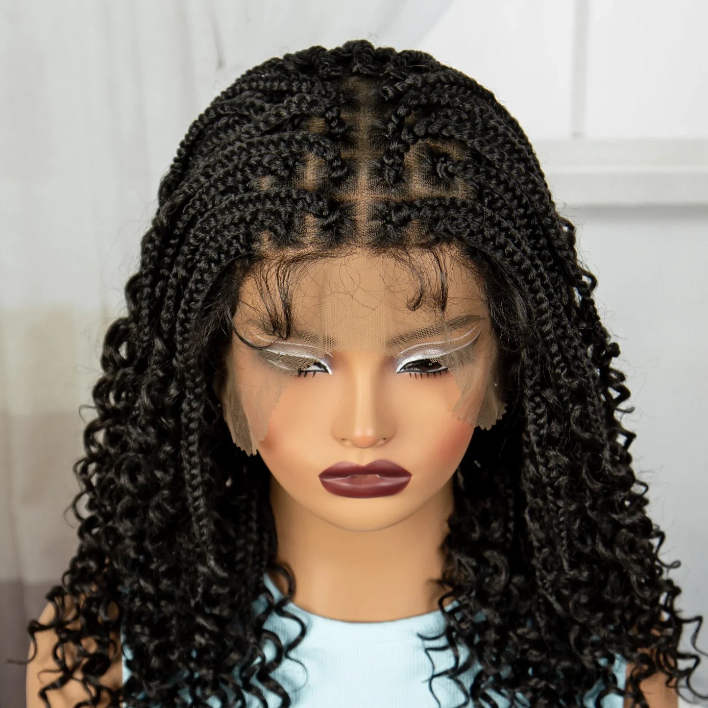 Burgundy Curly Ends Knotless Braids Bob Wig | 99J | Full Lace | Boho Style