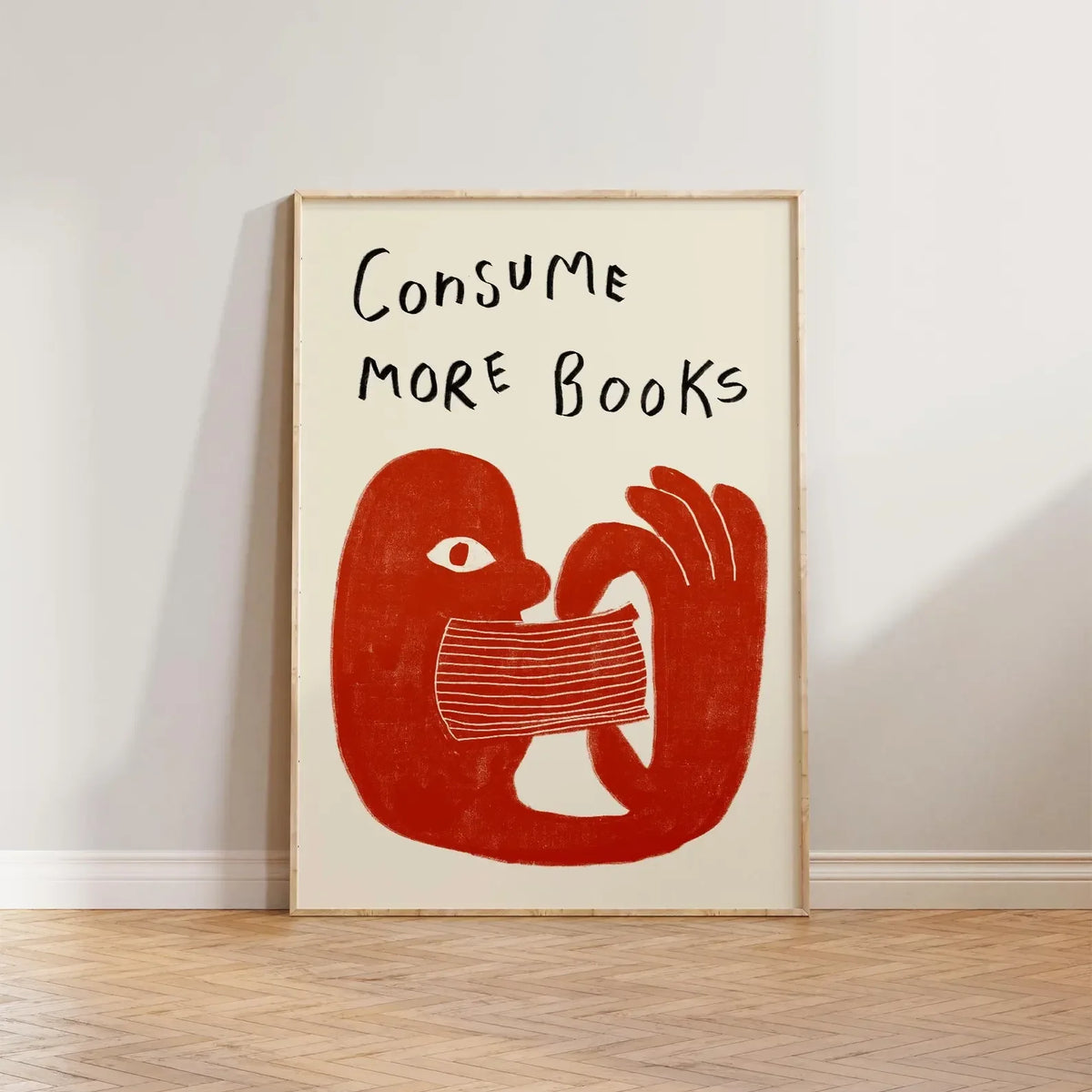 Retro Book Wall Art Reading Print Gift For Book Lovers Hand Drawn Illustration Wall Art Consume More Books Print, Cool Liter