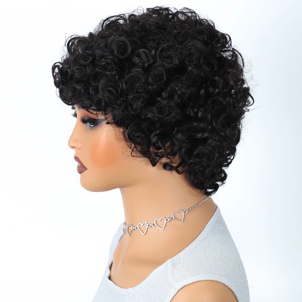 Sleek Short Pixie Afro Kinky Curly Human Hair Wig | Glueless Natural Brown Bob with Bangs