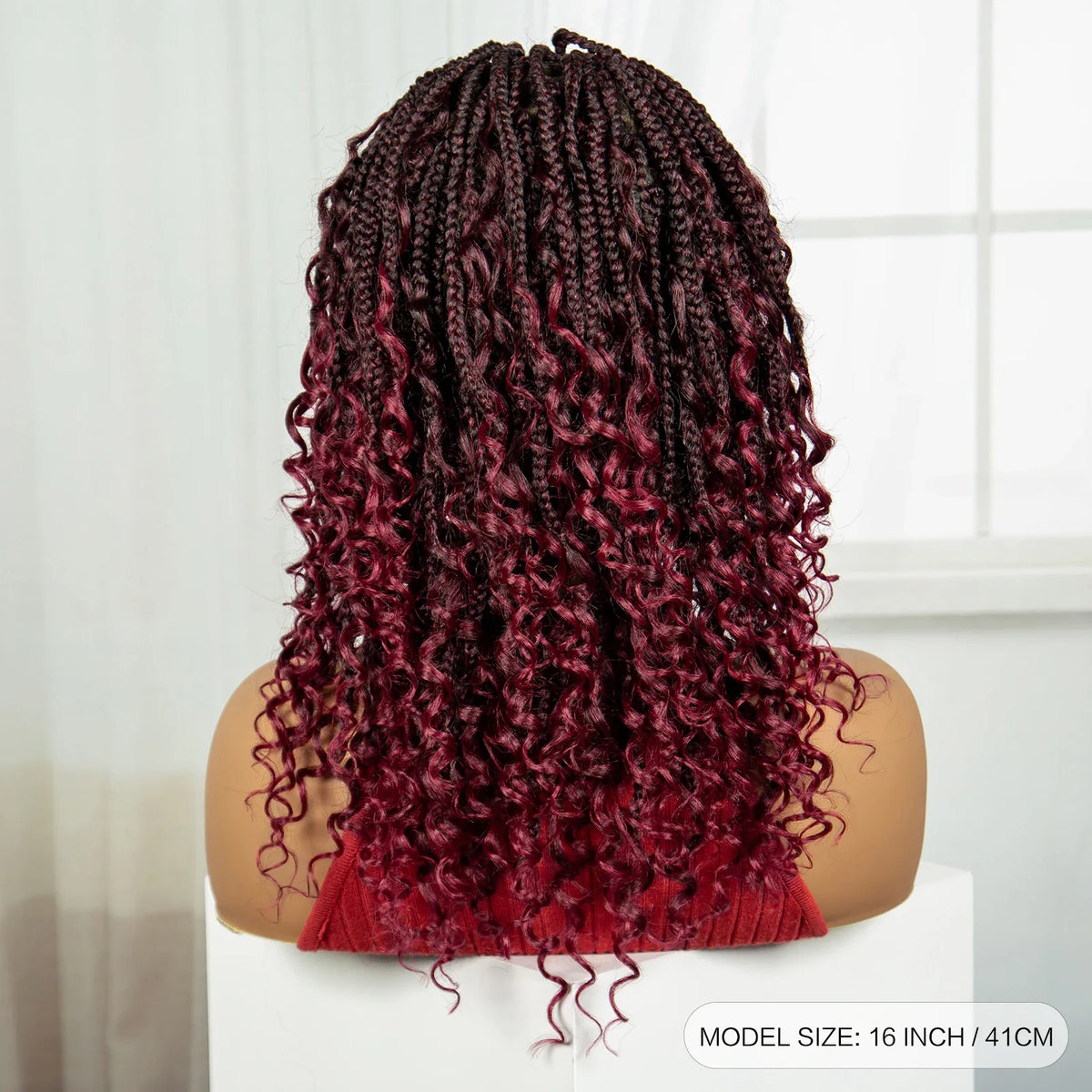 Burgundy Curly Ends Knotless Braids Bob Wig | 99J | Full Lace | Boho Style
