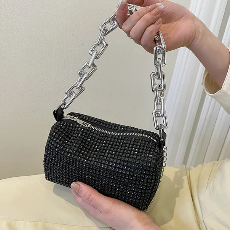 Allover Rhinestone Bucket Bag | Glitter Chain Prom Purse & Women's Mini Crossbody Bag (Sparkling Evening Handbag)