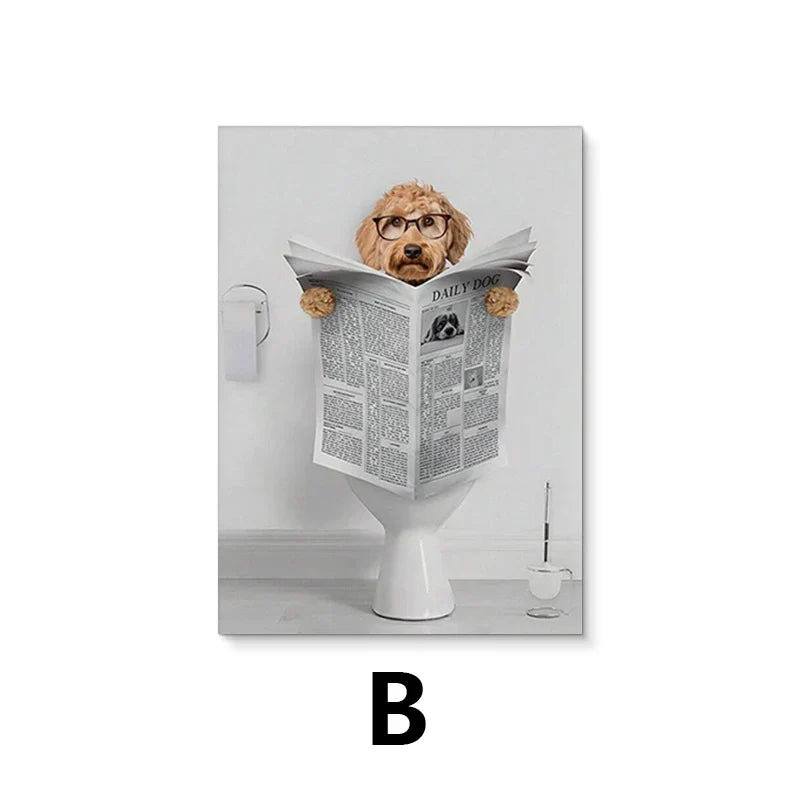 Modern Simple Animal Wall Art Dachshund Toilet Reading Newspaper Canvas Printed Poster Home Bathroom Bedroom Decoration
