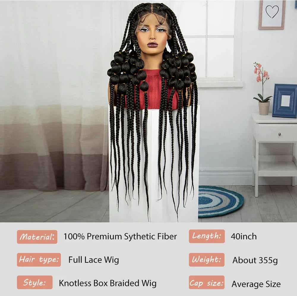 Natural 40 Inch Long Synthetic Full Lace Braided Wig | Handmade Knotless Bantu Braids Lace Wig with Baby Hair for Women