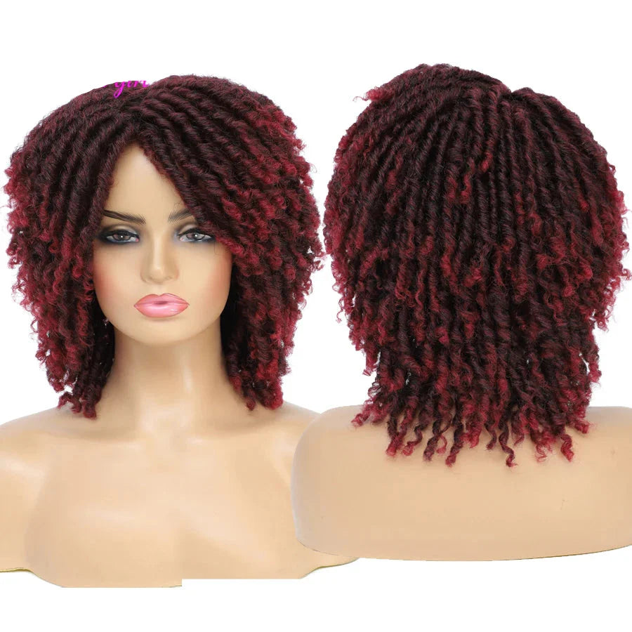 Short Afro Curly Faux Locs Wig | Twist Braids | Heat Resistant | Ombre Brown | Black Women
