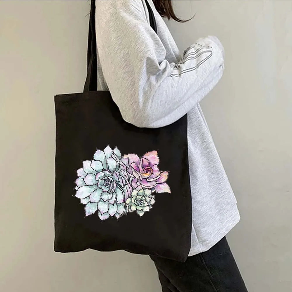 Succulove Floral Cotton Tote Bag | Large Capacity Handbag with Tulips, Hydrangeas, Sunflowers & More (Casual Shoulder Shopper, Eco-Friendly)