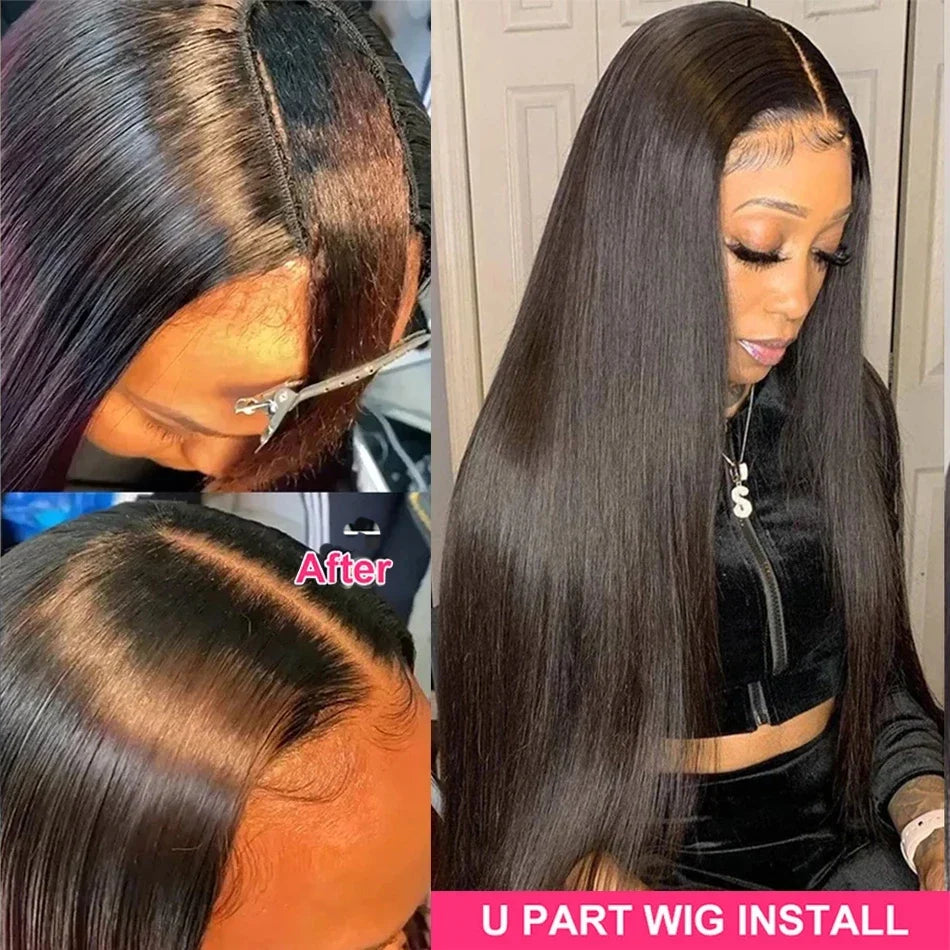 Sleek Straight U Part Human Hair Wig | Brazilian Remy Machine Made Glueless Wig for Black Women (No Shedding, No Tangle)