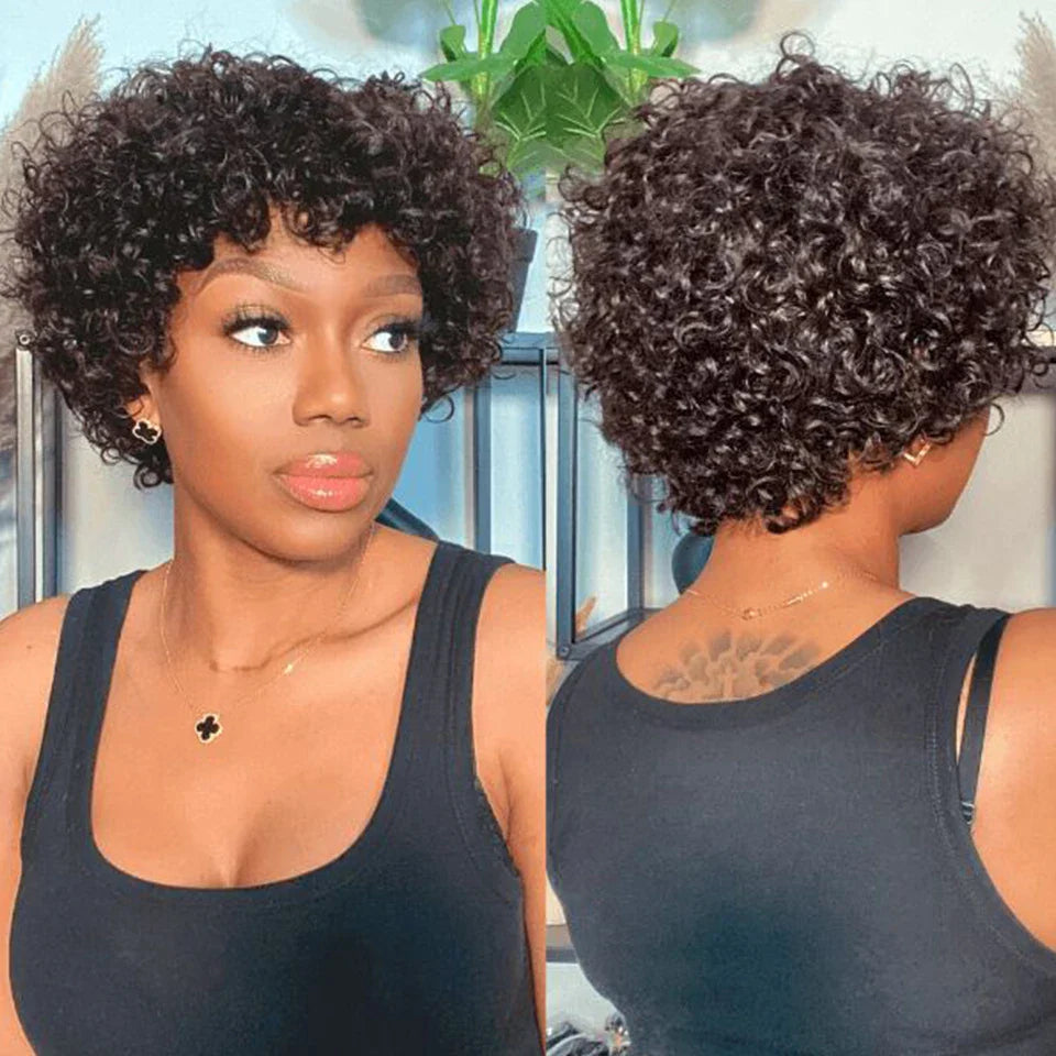 Malaysian Afro Kinky Curly Pixie Bob Wig with Bangs | Natural Brown & 99J Full Machine Made Remy Human Hair