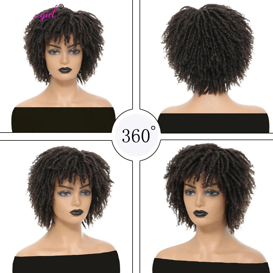 Short Afro Curly Faux Locs Wig | Twist Braids | Heat Resistant | Ombre Brown | Black Women