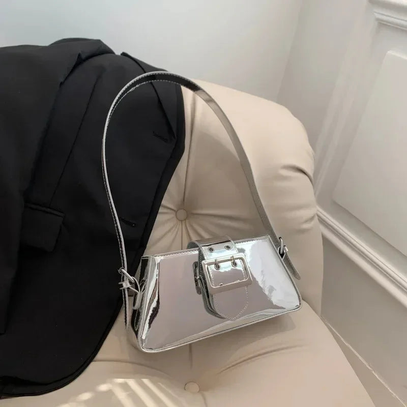 New Luxury Design Women's Glossy PU Leather Armpit Bag | Fashion Party Handbag (Patent Leather Silver Shoulder & Crossbody Bag)