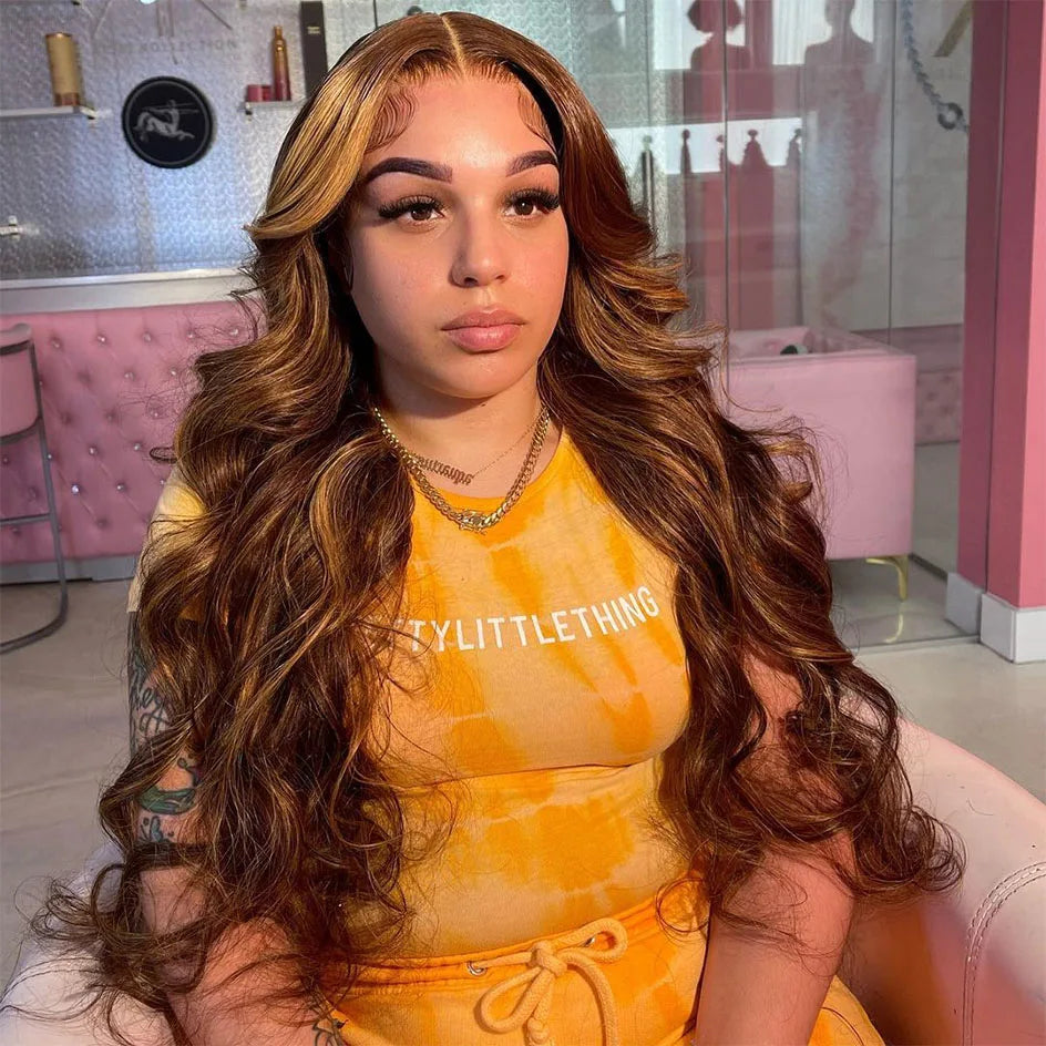 13x6 HD Transparent Body Wave Lace Front Wig | Highlighted Blonde 4/27 | Brazilian Remy Hair | Pre Plucked | Long Length