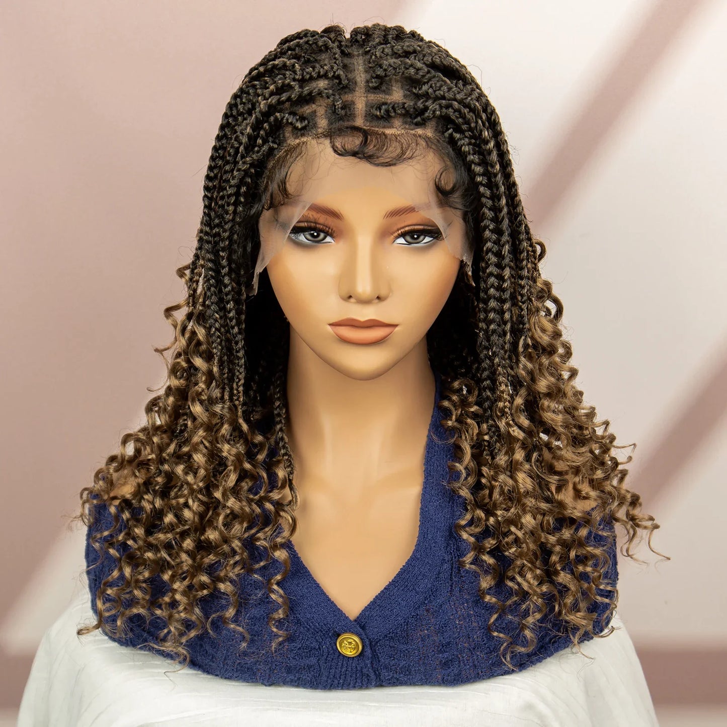 Short Bob Boho Knotless Box Braids Wig | 360 Double Full Lace | Curly Ends