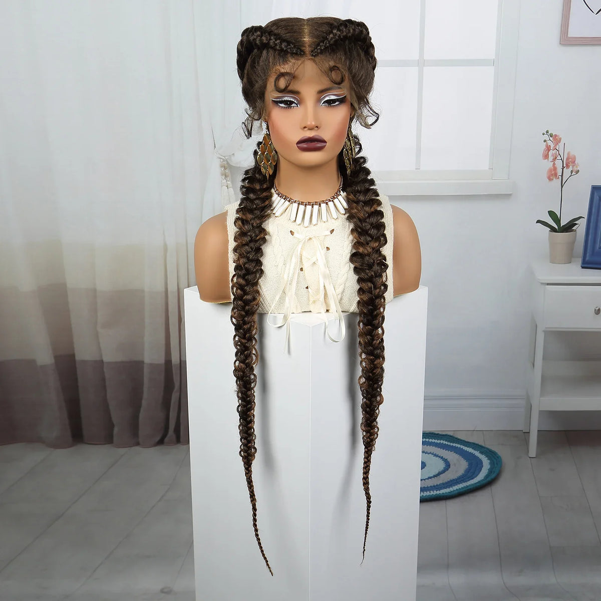 36" Burgundy Twist Cornrow Braids Wig | 99J | Lace Frontal | Baby Hair