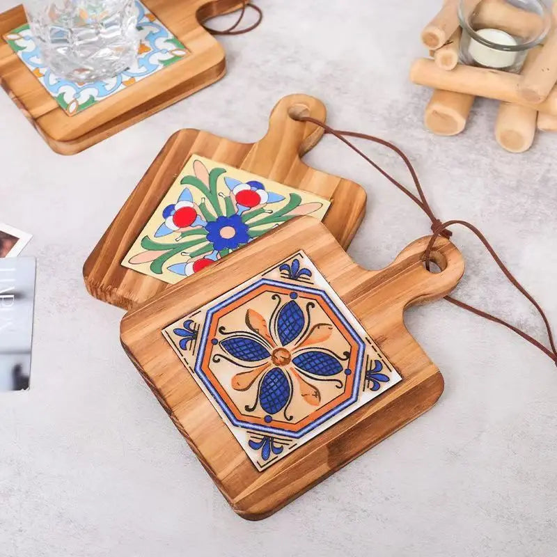Home Creative Wood Tiles Pot Mat Anti-Scalding Plate Mat Drink Coasters Wooden Trivet Frame for Hot Tea Pots Non-slip Cup Mat
