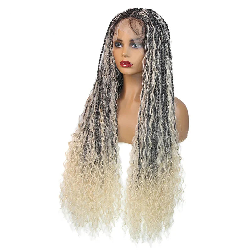 Bohemian Box Braided Wig | Full Lace Senegalese Twist & Goddess Locs Styles | Synthetic Braided Wig | Light Brown Lace