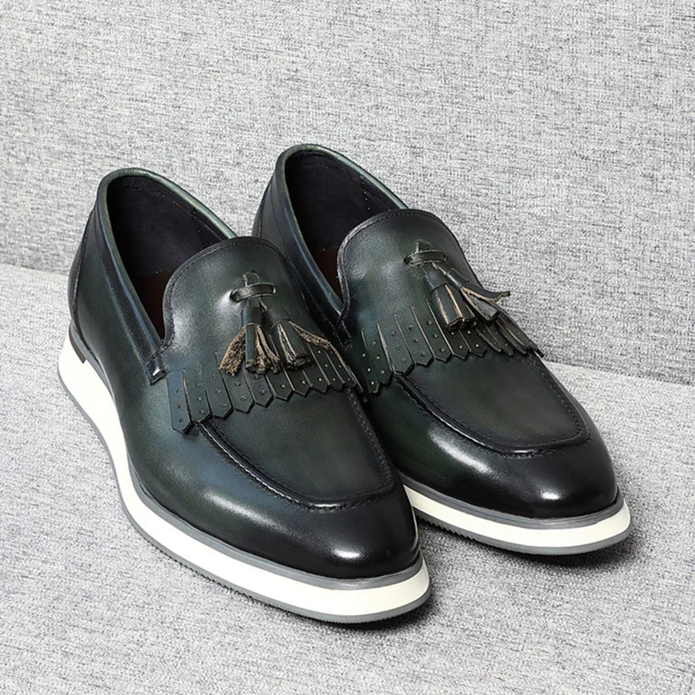 Classic Original Men's Genuine Leather Tassel Loafers | Elegant Black & Green Casual Business Flat Shoes
