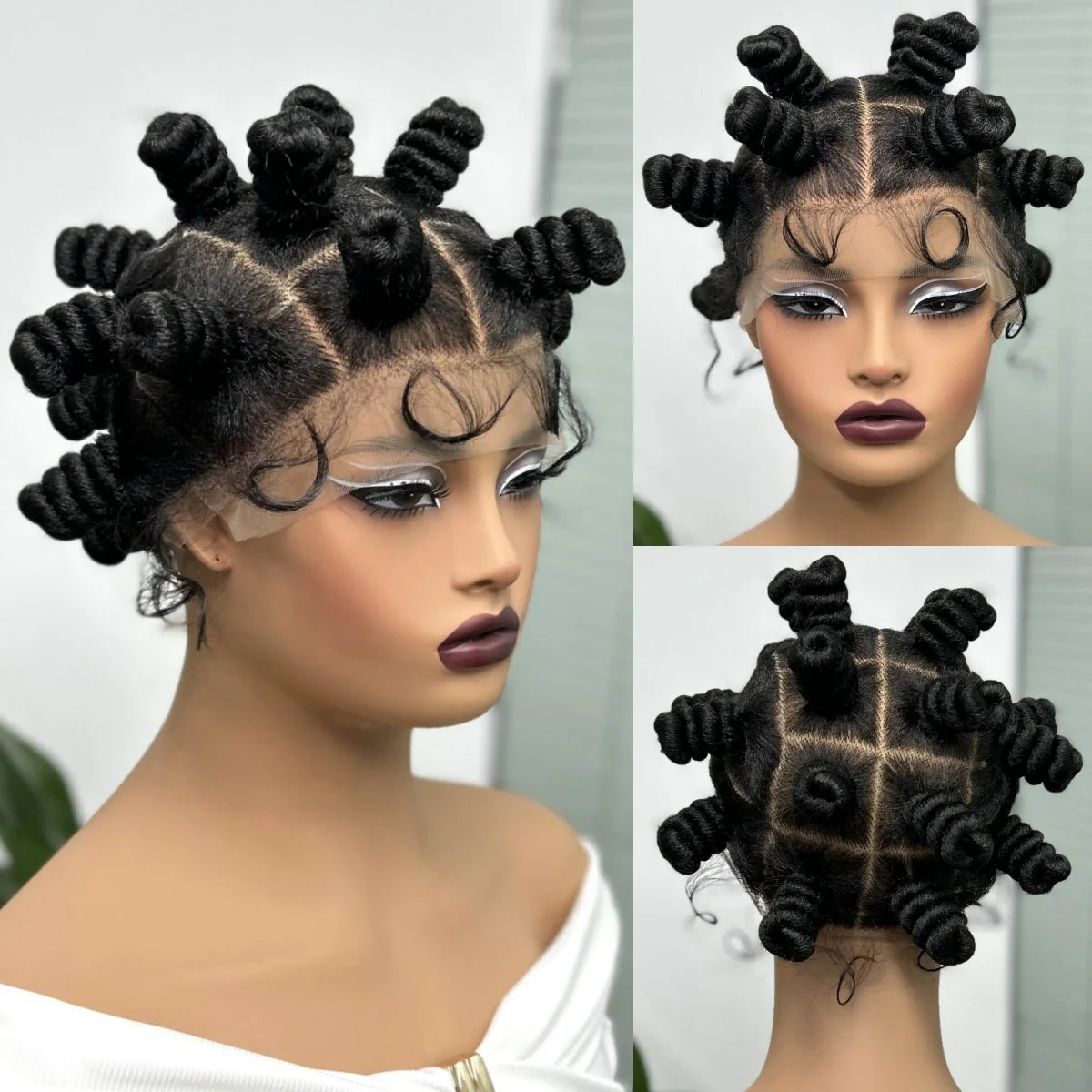 Short Cute Handmade Bantu Knotless Braids Wig | Transparent Full Lace | Baby Hair