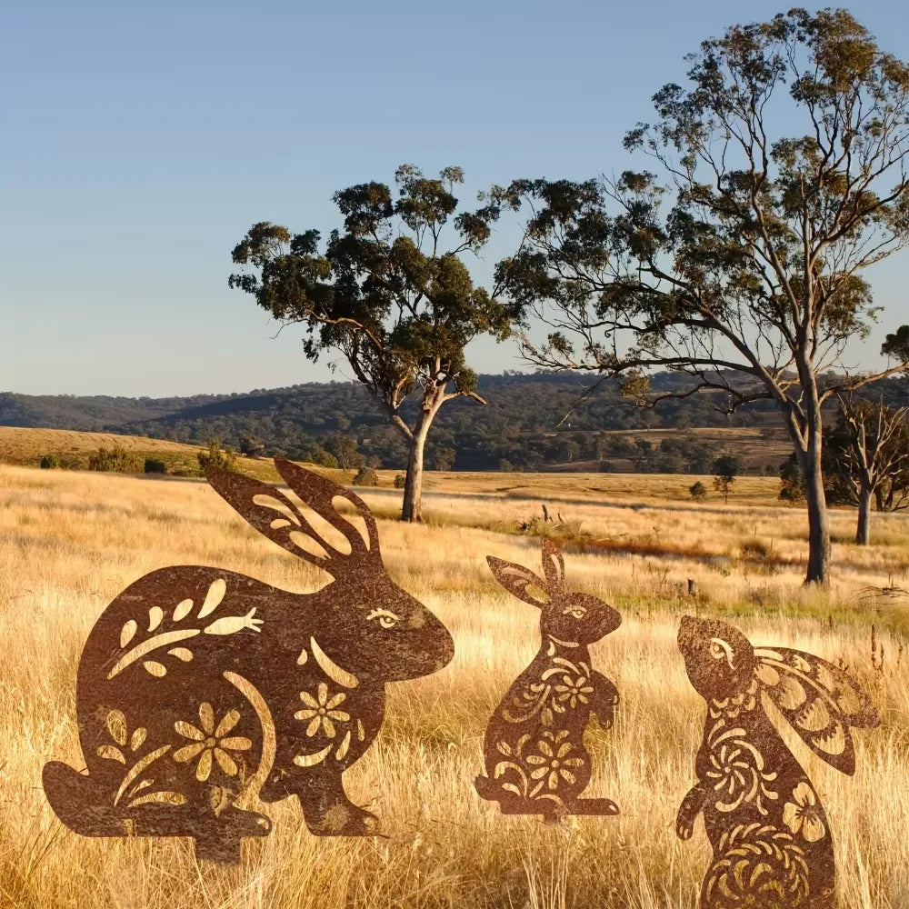 Lovely Rustic Metal Rabbit Garden Post Patinated Rusty Finish Great for Outdoor Adornment Backyard Patio Farm Area