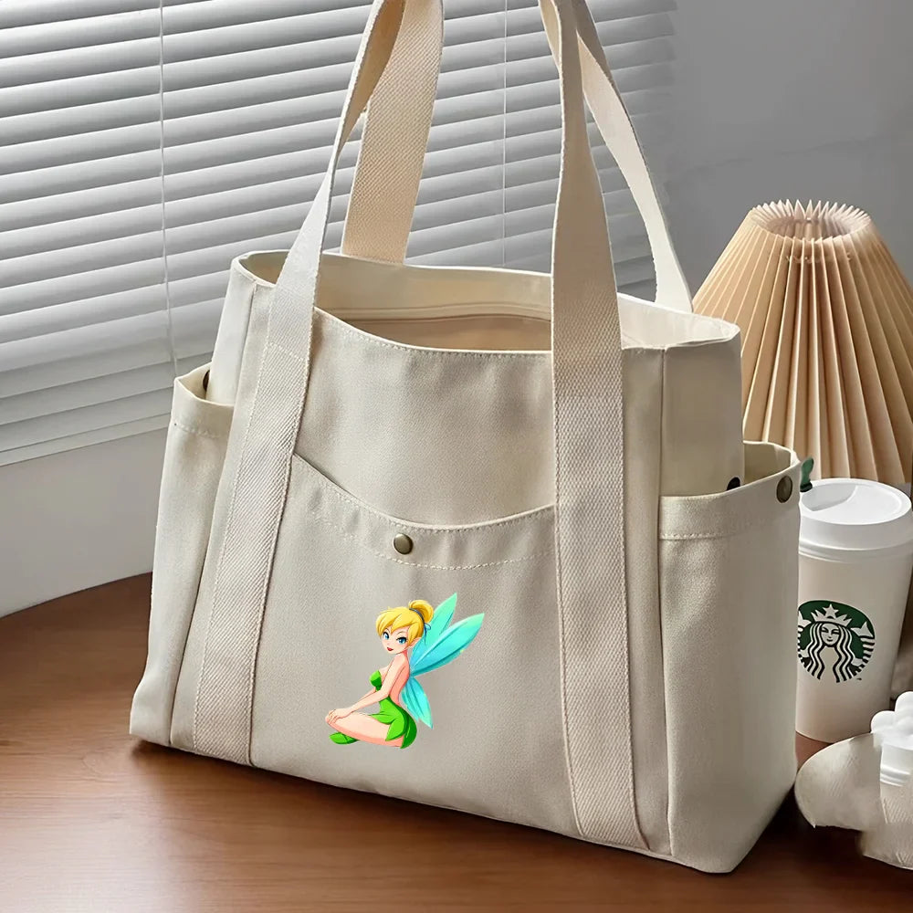 Tinker Bell Large Capacity Canvas Tote Bag | Work Commuting & College Style Student Shoulder Bag (Book Bag, Shopping Bag, Zipper Closure)