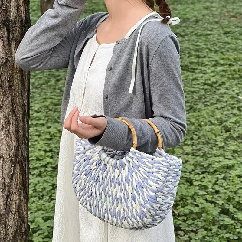 Designer Women's Pearlescent Inlay Half Moon Crossbody Bag | Exquisite Shell Beaded Handbag with Sequin & Wooden Handle Tote