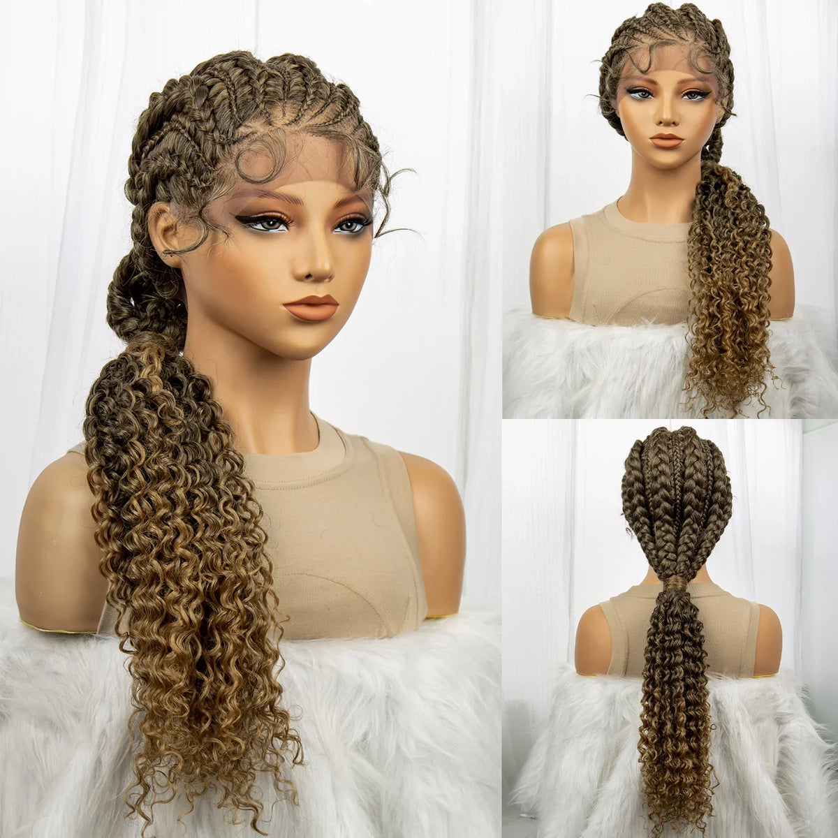 Curly Ends Cornrow Box Braids Wig | Handmade Lace Front | Baby Hair