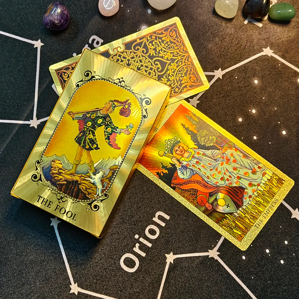 Terrific Gold Plastic Tarot Cards Marvellous Predictive Divination Board Games Waterproof Astrology Oracle Deck With Booklet