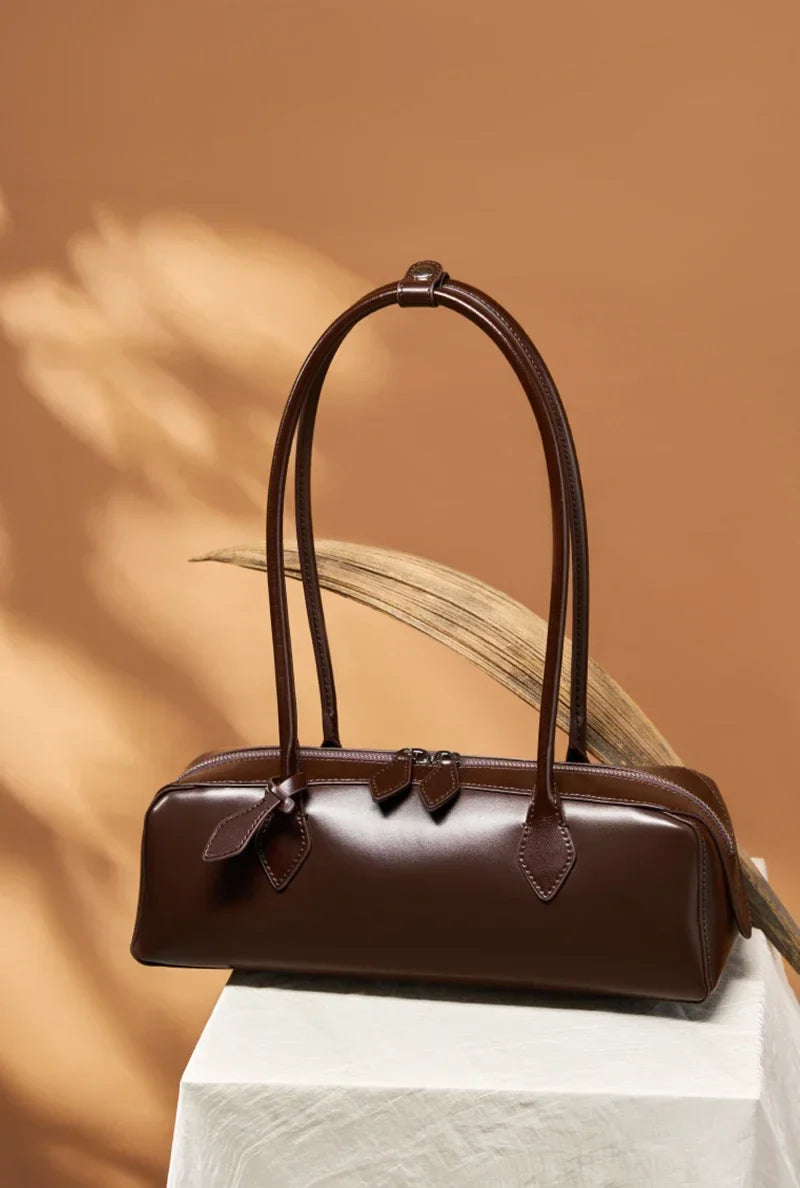 New Genuine Leather Women's Shoulder Bag | Large Capacity Cowhide Luxury Handbag (Long Strip Wine Red Baguette Bag)