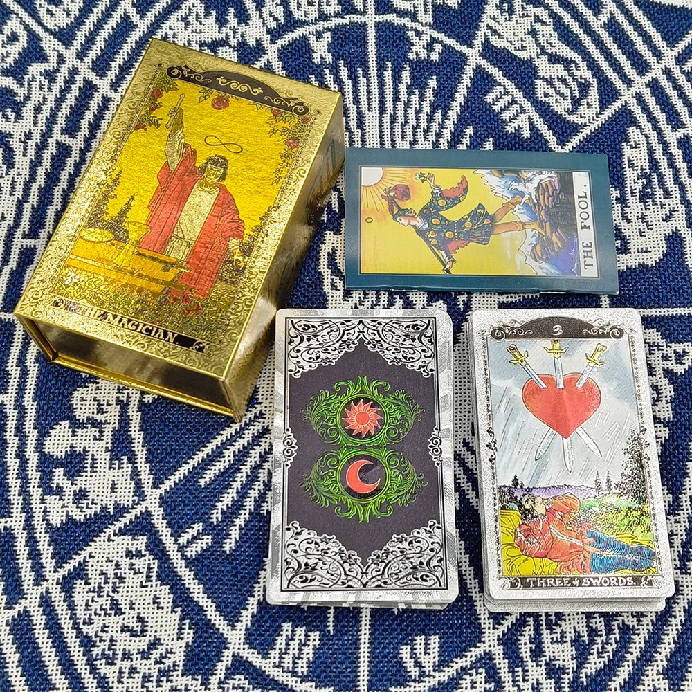 The New Knight Laser Gold Foil Tarot Board Game Set Hot Stamping Luxury PVC Waterproof Wear-resistant Divination Cards