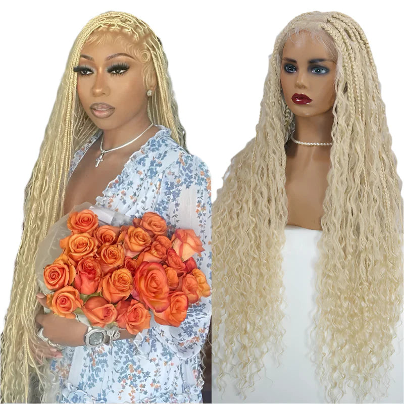 Boho Curly End Braided Full Lace Front Wig | Goddess Locs | Knotless Box Braids | Synthetic Bohemian Wig