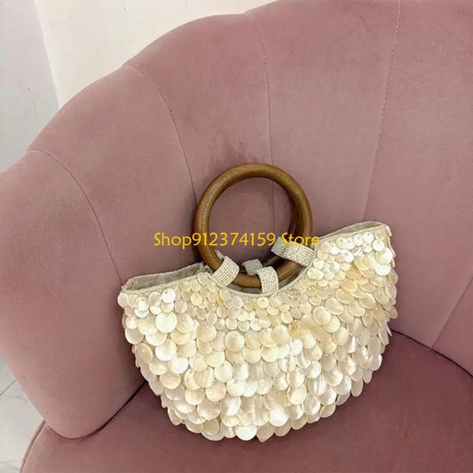 Elegant Beaded Shell Design Top Handle Purse | Bohemian Handmade Handbag for Vacation & Casual Occasions