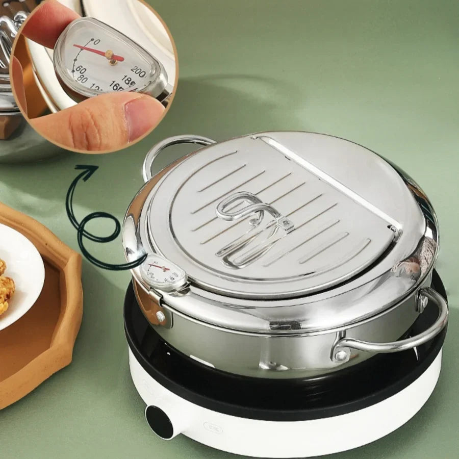 Japanese Deep Frying Pot with a Thermometer and a Lid 304 Stainless Steel Kitchen Tempura Fryer Pan 20 24 cm