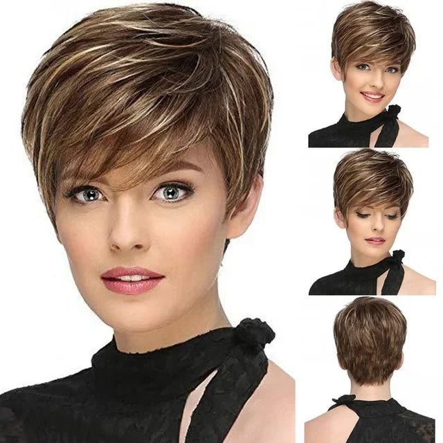 Short Brown Bob Wig with Bangs | Mixed Blonde Synthetic Natural Hair Wig for Women (Soft Mommy Hair, Daily Use)