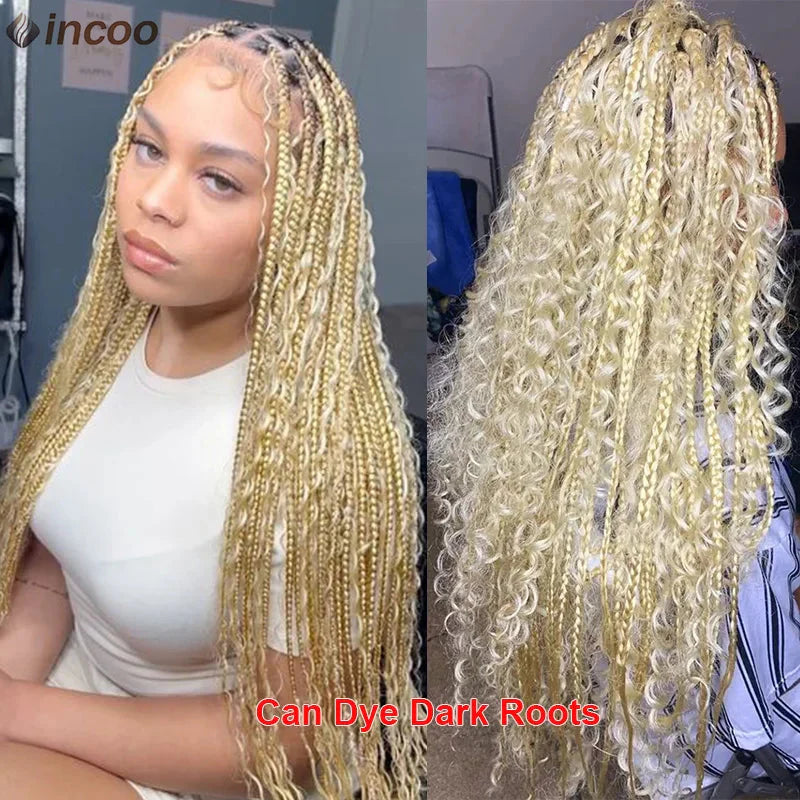 613 Blonde Boho Box Braids Wig | Curly Ends | Full Lace Front | Goddess Locs Accents