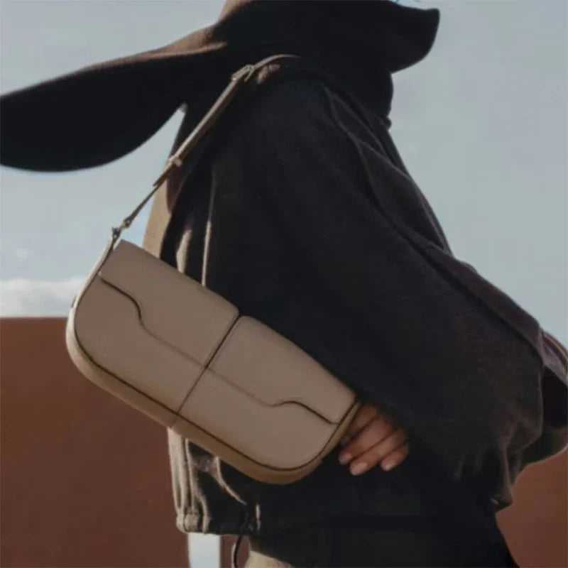 French Chic Compact Horizontal Saddle Bag | Luxury Woman Shoulder Underarm Stick Bag (Classic Long Clutch & Handbag)