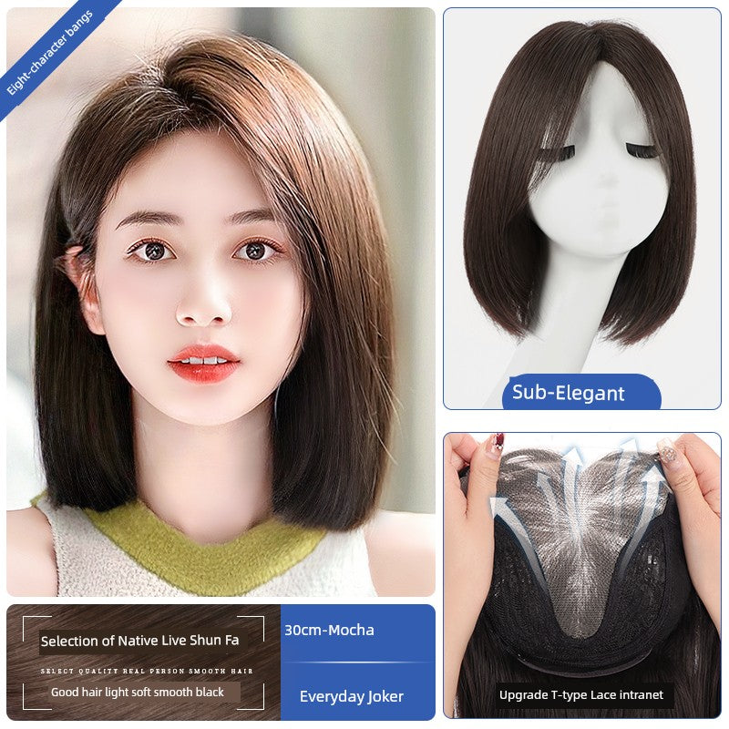 Natural Full-Head Human Hair Wig | Classy Collarbone Length Short Straight Wig with Oblique Bangs for Women (Sweet & Lovely, Elegant Style)