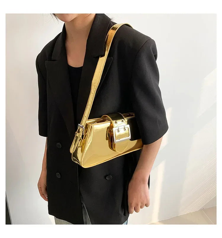 New Luxury Design Women's Glossy PU Leather Armpit Bag | Fashion Party Handbag (Patent Leather Silver Shoulder & Crossbody Bag)