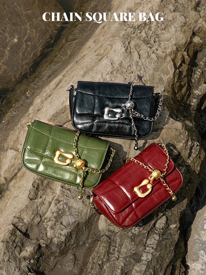 Genuine Leather Crossbody Bag | Luxury Brand Shoulder Bag with Chain Strap & Unique Design Quilted Handbag