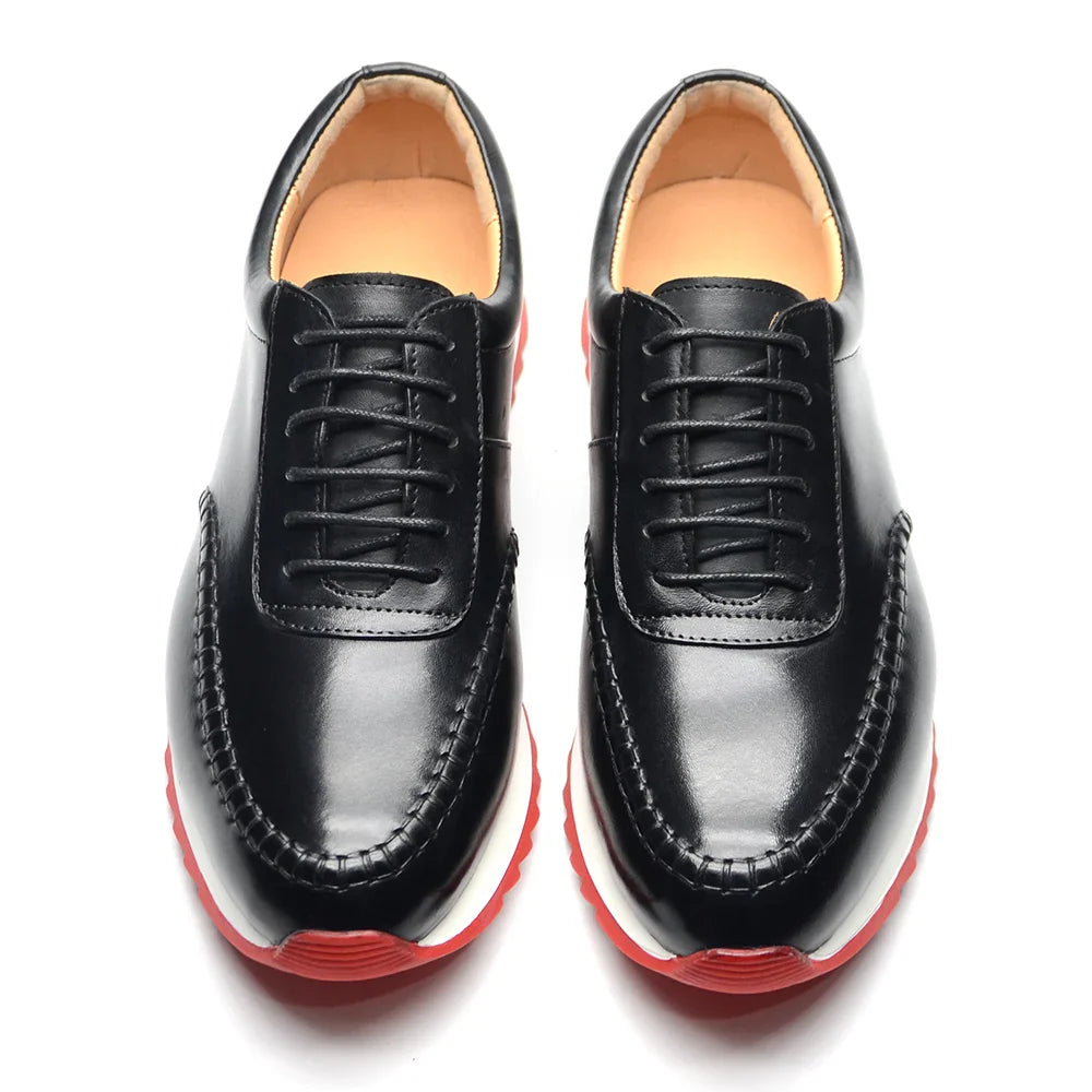 Classy Men's Genuine Leather Low Top Sneakers | Red Bottom Lace-Up Casual Dress Shoes (Breathable)