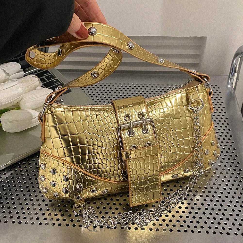 Fashion Women's Y2K Armpit Bag | Luxury Design Pleated Underarm Bag (Solid Color Shoulder Messenger Hobo Handbag with Chains & Rivets)