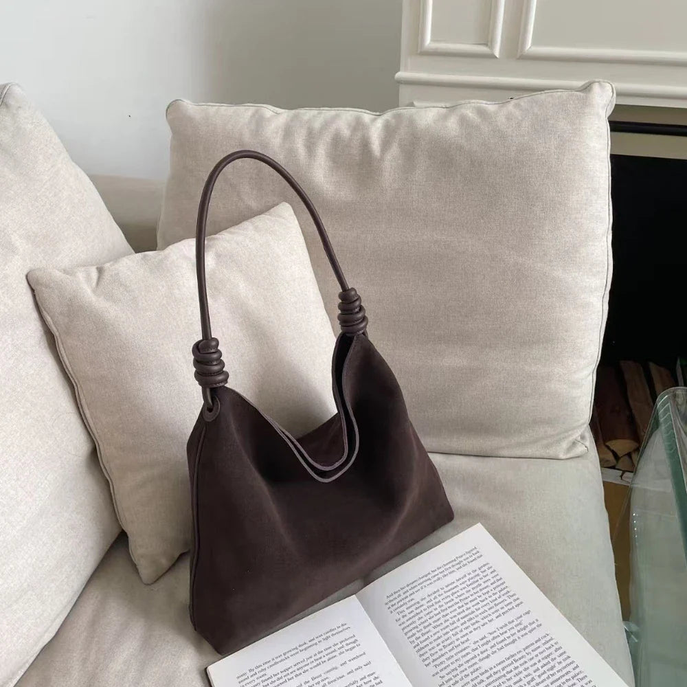 All-Match Chamois Matte Suede Cowhide Leather Tote | Large Capacity Designer Maillard Dressing Coffee Winter Ladies Handbag