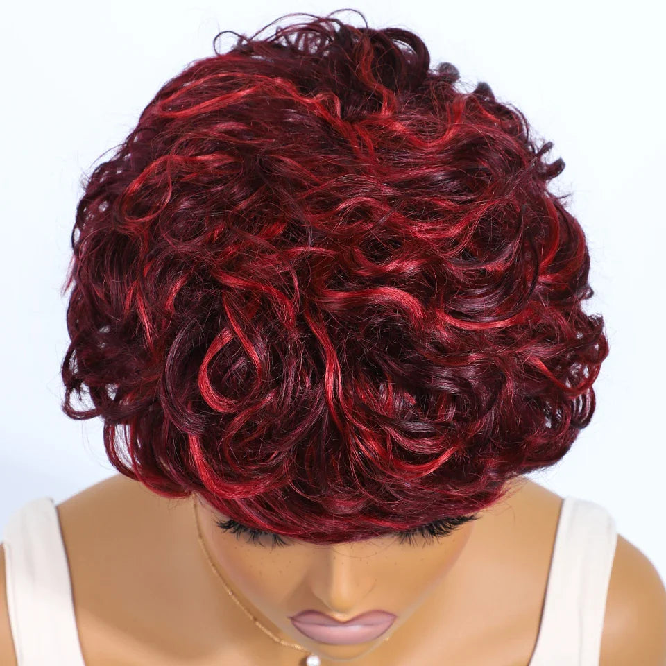 Pixie Short Cut Wavy Curly Human Hair Wig | Brazilian Remy Machine Made Wig for Women