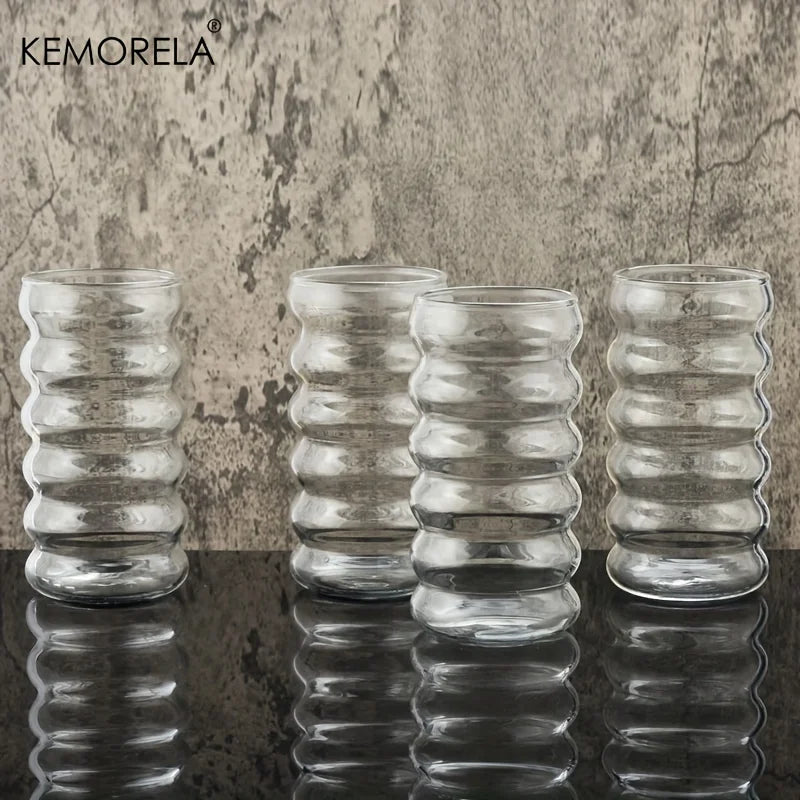 500ML 1/2/4PCS Wave Shape Beverage Glasses With Straws Vintage Glass Cups Ripple Drinking Glasses for Wine Champagne Cocktail
