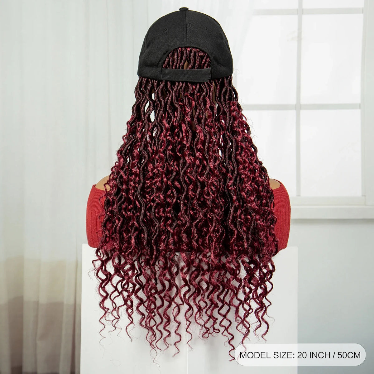 Burgundy Knotless Braids Hat Wig with Curly Ends | Adjustable Baseball Cap