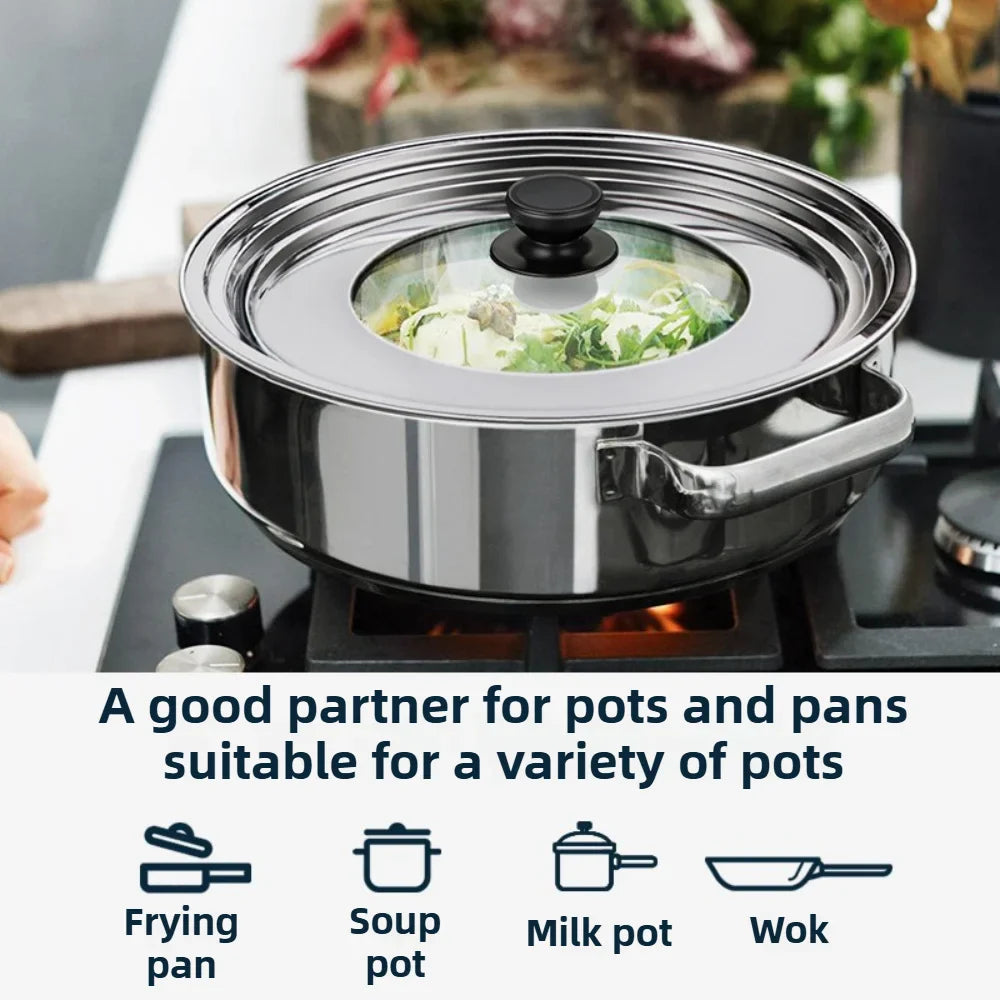 Universal Round Stainless Steel Frame Kitchen Spill-proof Cooking Pot Cover with Glass for Hotels and Restaurants
