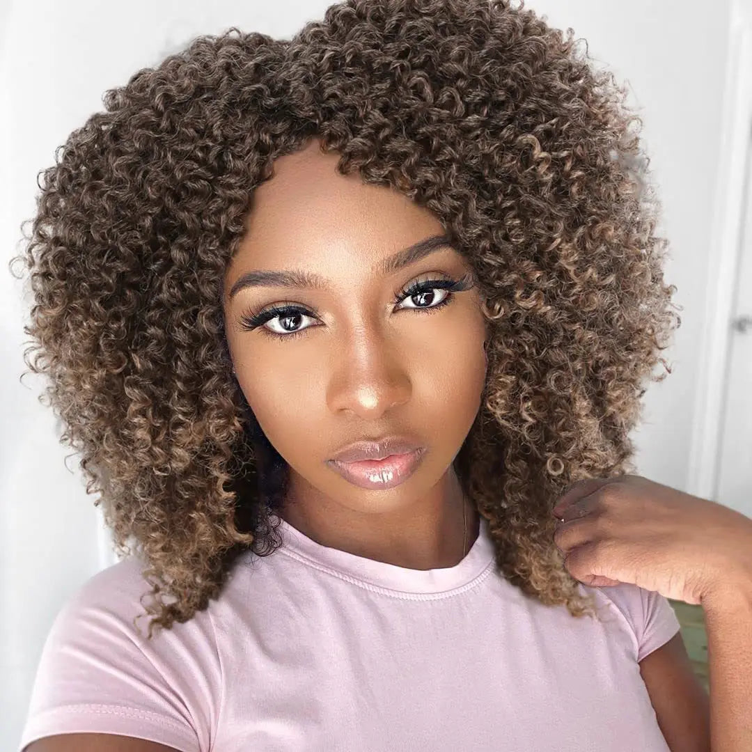 Short Curly Burgundy & Black Wig | Side Part Synthetic Cosplay Wig | 150% Density