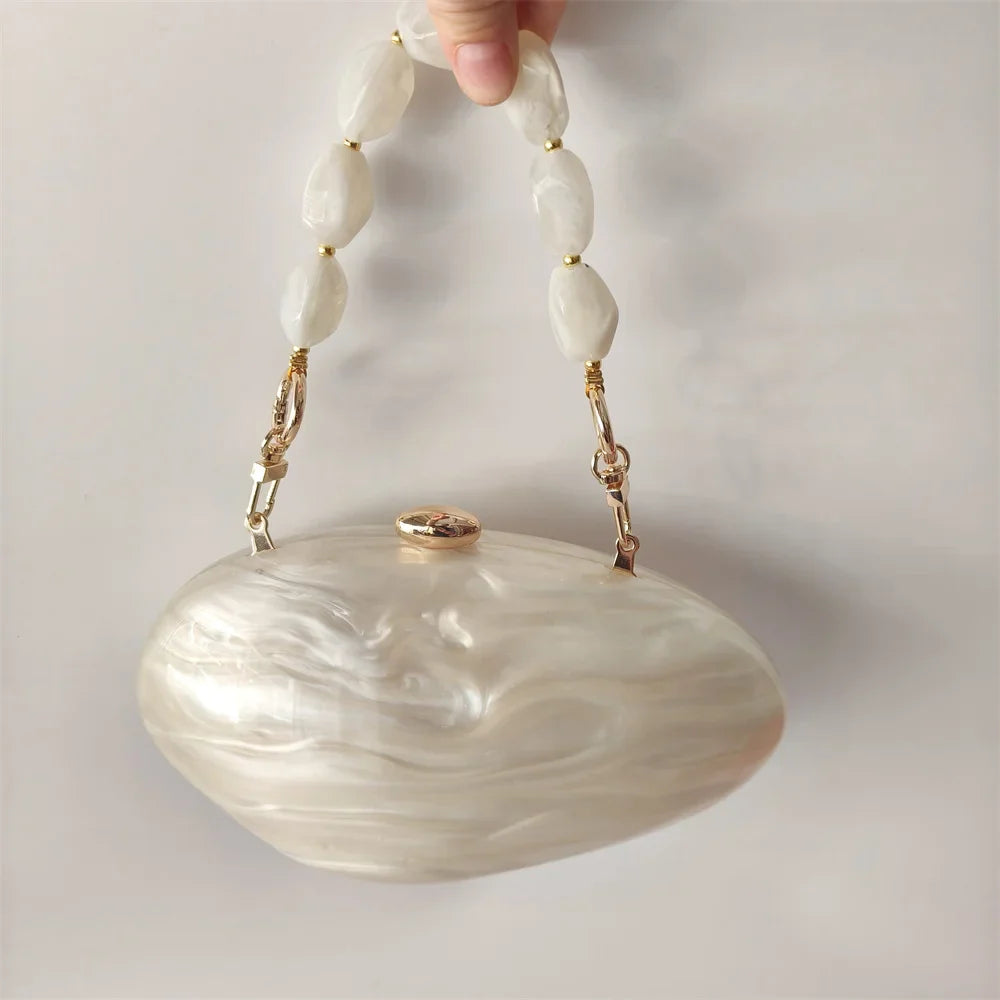 Oval Marble Beige Shell Acrylic Luxury Elegant Lady Evening Bag | Cute Handbag & Wedding Girl Female Mini Purse