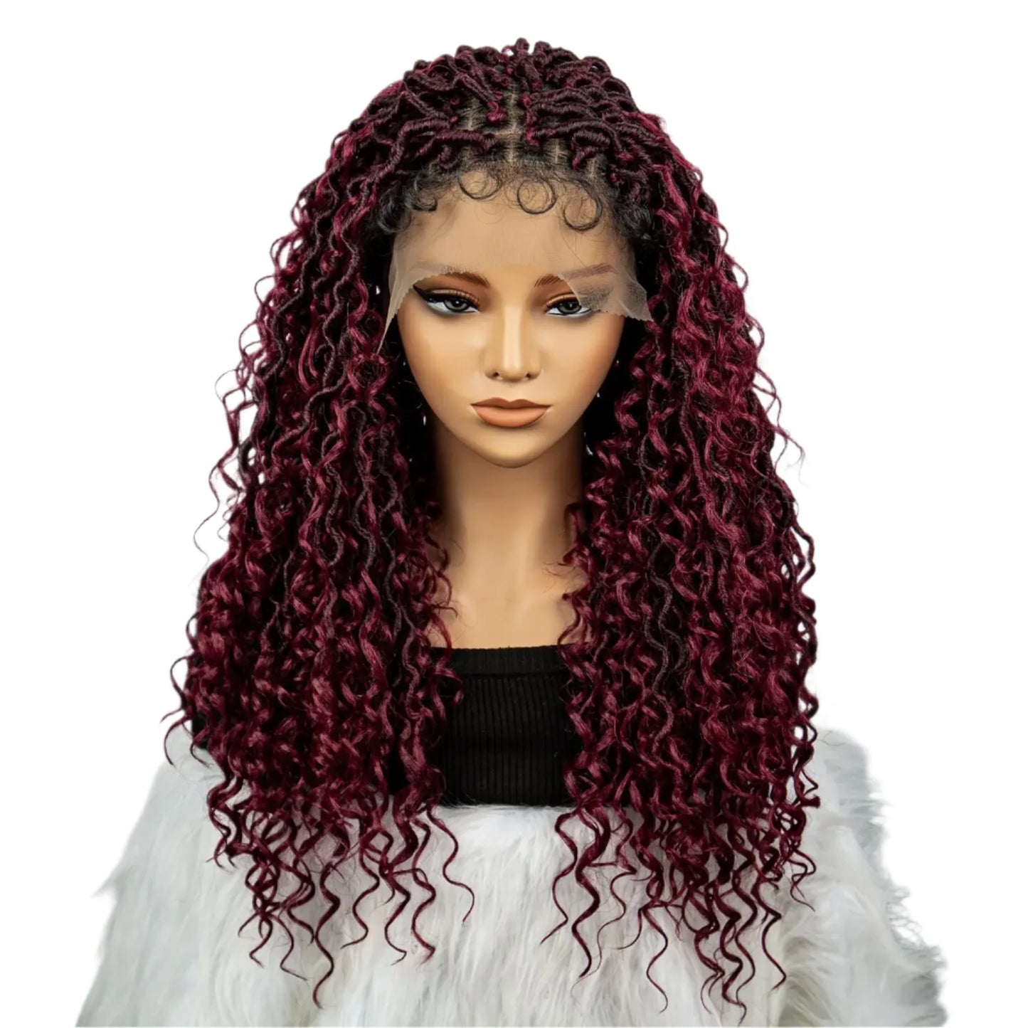 Burgundy 26" 99J Knotless Box Braids Wig | Curly Ends | Faux Locs | Swiss Lace Front | Braided Wigs for Black Women
