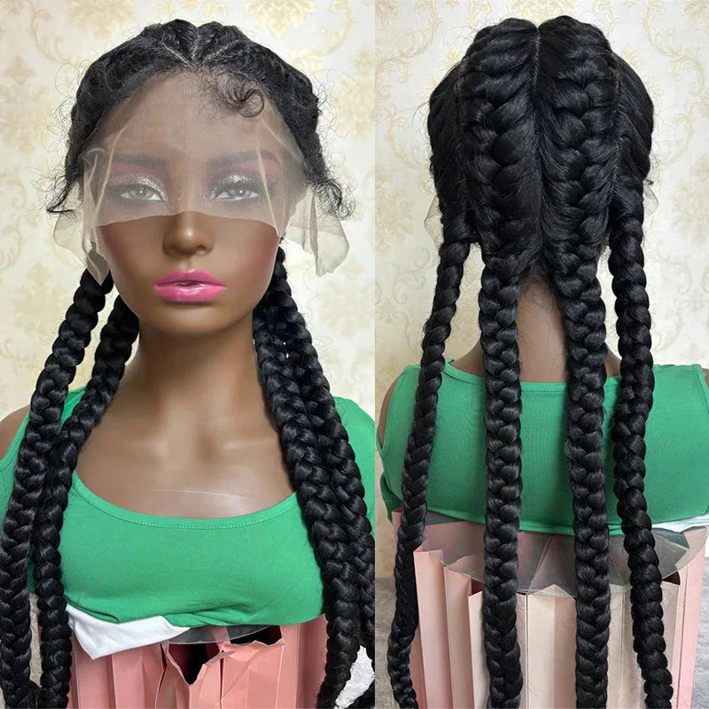 Long Black Dutch Braids Wig | Lace Front | Human Hair Blend | Cornrow Accents | Daily Wig