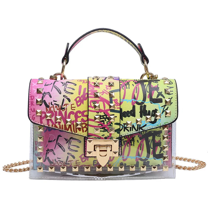 Brand Women's Studded Graffiti Crossbody Bags | Fashion Shoulder Bag for Ladies (Luxury Designer PVC Handbags & Messenger Satchel)