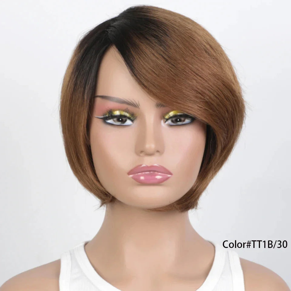 Pixie Cut Bob Wig | Straight Human Hair with Long Side Part Bangs